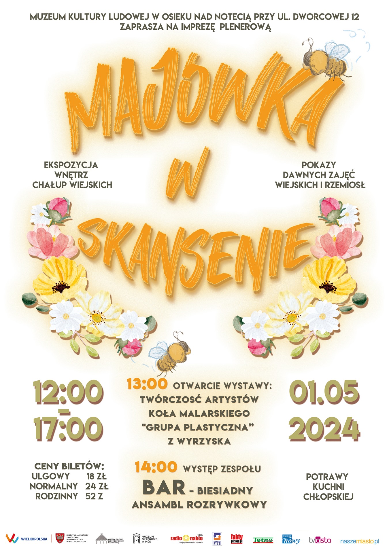 Zdjęcie przedstawia plakat imprezy plenerowej: "Majówka w skansenie" i ilustruje program wydarzenia.